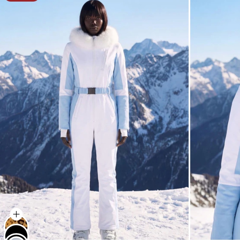 White and Blue Snowsuit with Fur Hood